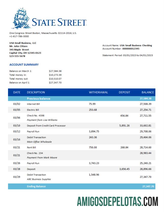 Imprimível State Street Bank Organization Extrato bancário modelo Word e PDF